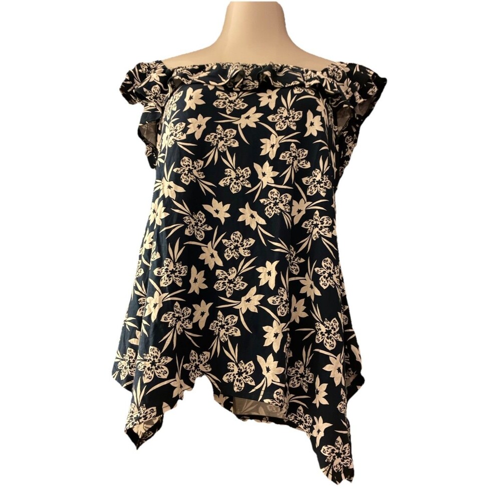 NWT Top Blue Floral Ruffle Neck Off Shoulder Cap Sleeve Shark Hem Summer Sz 16